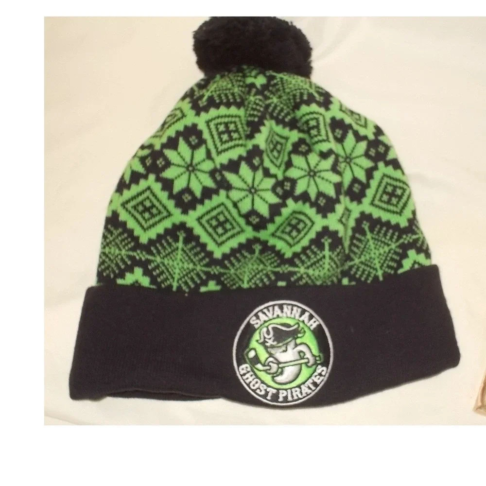 CCM Savannah Ghost Pirates Kids Beanie Neon Green Black Snowflake Pom Knit Hat